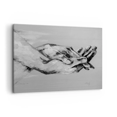 Bild auf Leinwand - Leinwandbild - Eine Schwarz-Weiß-Komposition aus zwei gefalteten Händen auf hellem Hintergrund. - 100x70cm - Anfang… - Moderne Wanddekoration für Wohnzimmer und Schlafzimmer ARTTOR