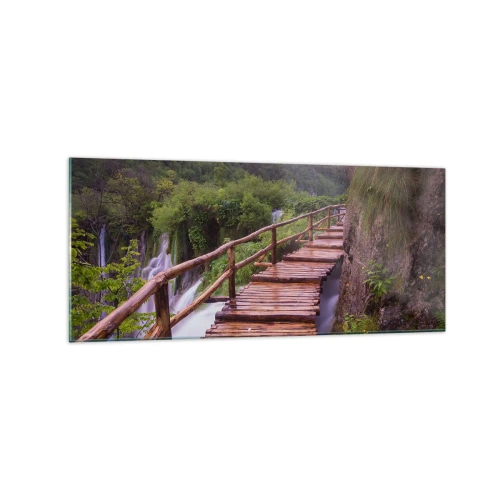 Glasbild - Bild auf glas - Eine Brücke mit Blick auf die Wasserfälle bei Sonnenuntergang - 120x50cm - Schönheit jenseits des Glaubens - Moderne Wanddekoration für Wohnzimmer und Schlafzimmer ARTTOR