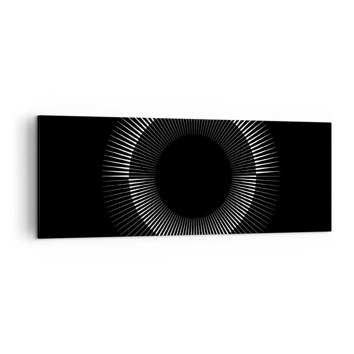 Bild auf Leinwand - Leinwandbild - Grafischer Kreis mit Strahlen in Schwarz und Weiß - 140x50cm - Schwarze Sonne - Moderne Wanddekoration für Wohnzimmer und Schlafzimmer ARTTOR