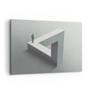 Bild auf Leinwand - Leinwandbild - Eine Figur, die auf einem Penrose-Dreieck in Grautönen steht. - 100x70cm - Es ist also doch möglich - Moderne Wanddekoration für Wohnzimmer und Schlafzimmer ARTTOR