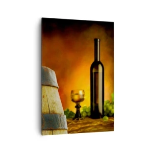 Bild auf Leinwand - Leinwandbild - Trauben auf einem Weinfass mit warmer Farbgebung im Hintergrund - 70x100cm - Stillleben mit einer Flasche Wein und einer Weintraube - Moderne Wanddekoration für Wohnzimmer und Schlafzimmer ARTTOR