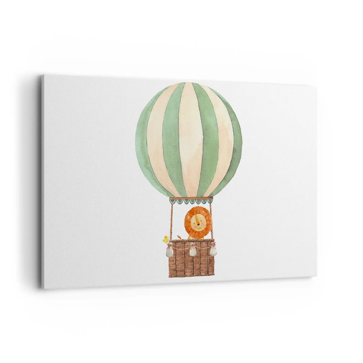Bild auf Leinwand - Leinwandbild - Ein Ballon mit einem lächelnden Löwen in einem pastellfarbenen Korb - 120x80cm - Leons Reisen - Moderne Wanddekoration für Wohnzimmer und Schlafzimmer ARTTOR