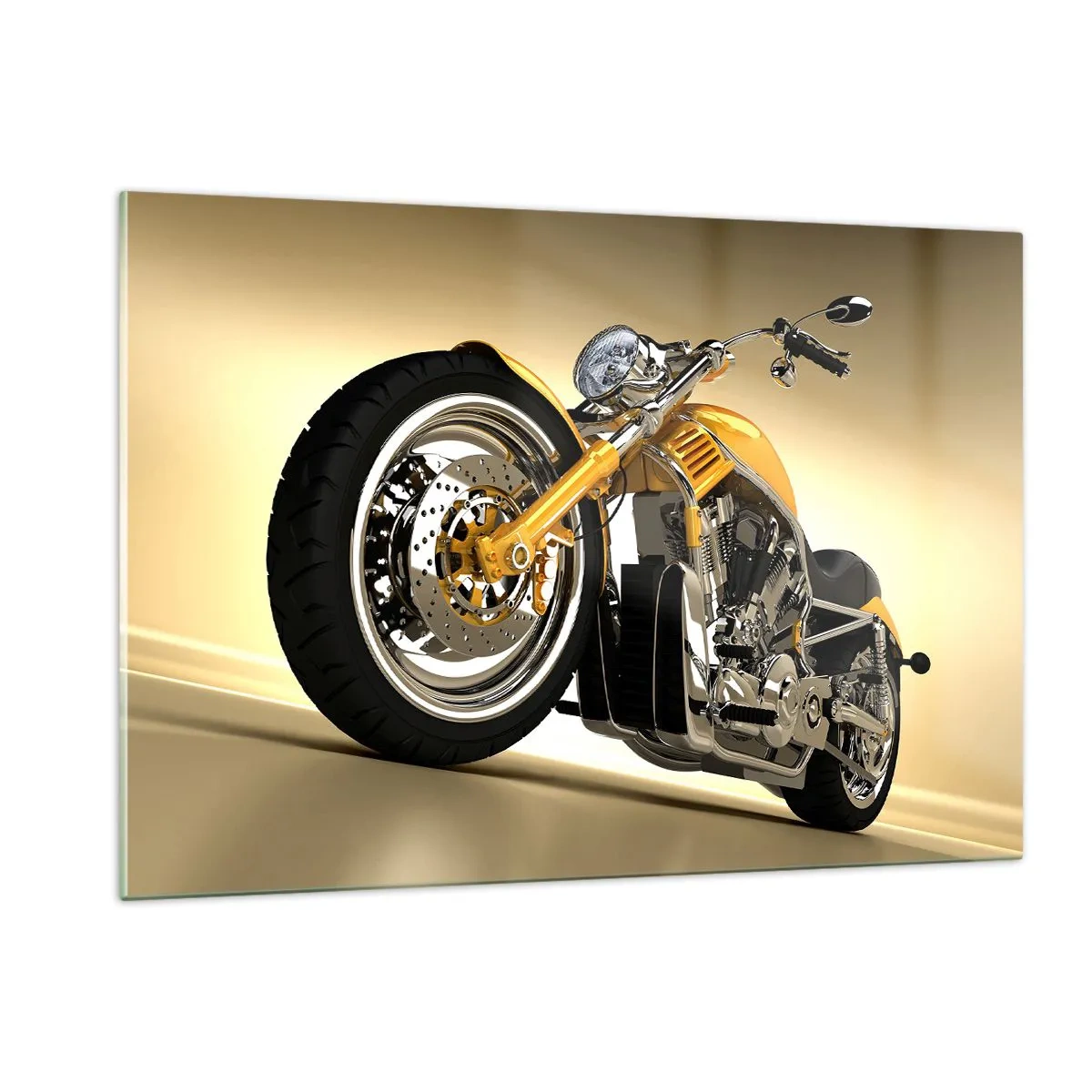 Glasbild - Bild auf glas - Ein goldenes Custom-Motorrad vor hellem Hintergrund - 120x80cm - Ein Traum von Kraft und Geschwindigkeit - Moderne Wanddekoration für Wohnzimmer und Schlafzimmer ARTTOR