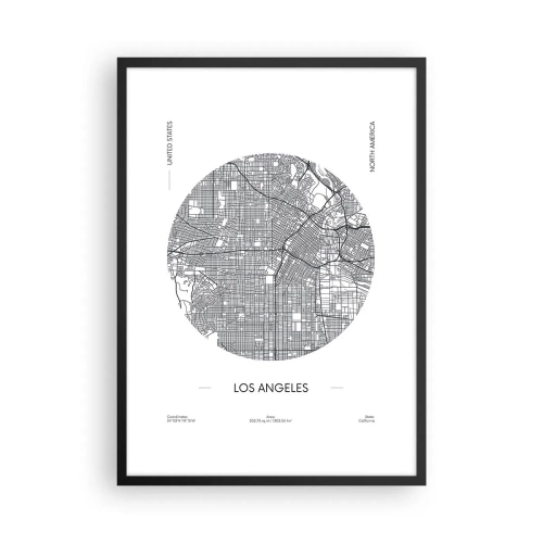 Poster in einem schwarzem Rahmen - Eine minimalistische Karte von Los Angeles in Schwarzweiß. - 50x70cm - Anatomie von Los Angeles - Moderne Wanddekoration für Wohnzimmer und Schlafzimmer ARTTOR