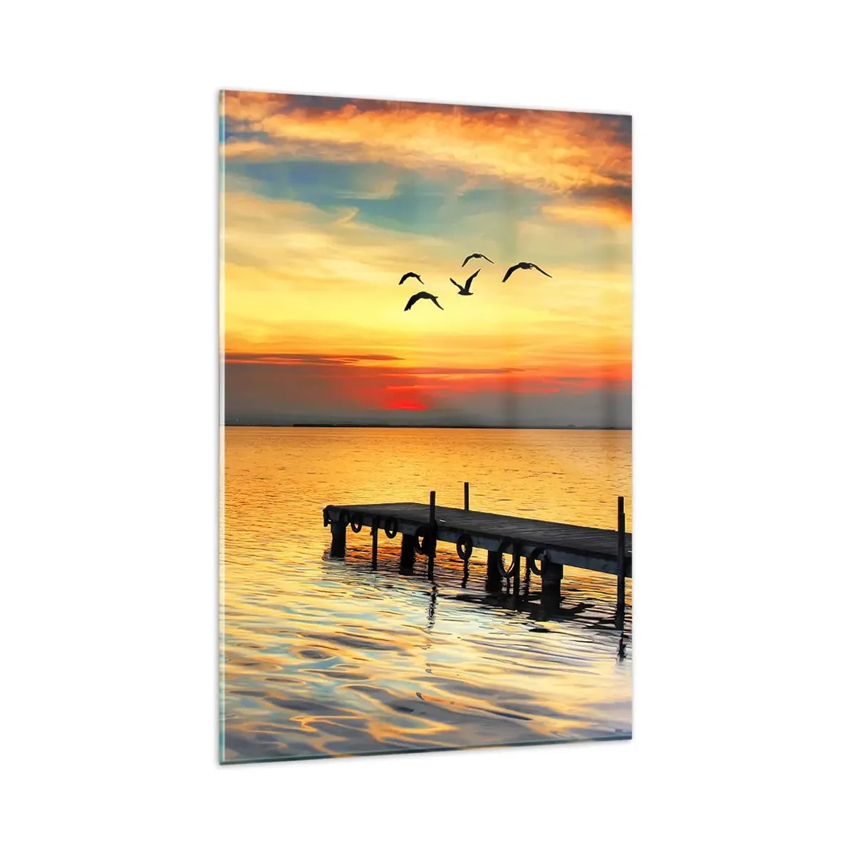 Glasbild - Bild auf glas - Sonnenuntergang mit einem Segelboot und Pier auf einem ruhigen See - 80x120cm - Abendrückkehr - Moderne Wanddekoration für Wohnzimmer und Schlafzimmer ARTTOR