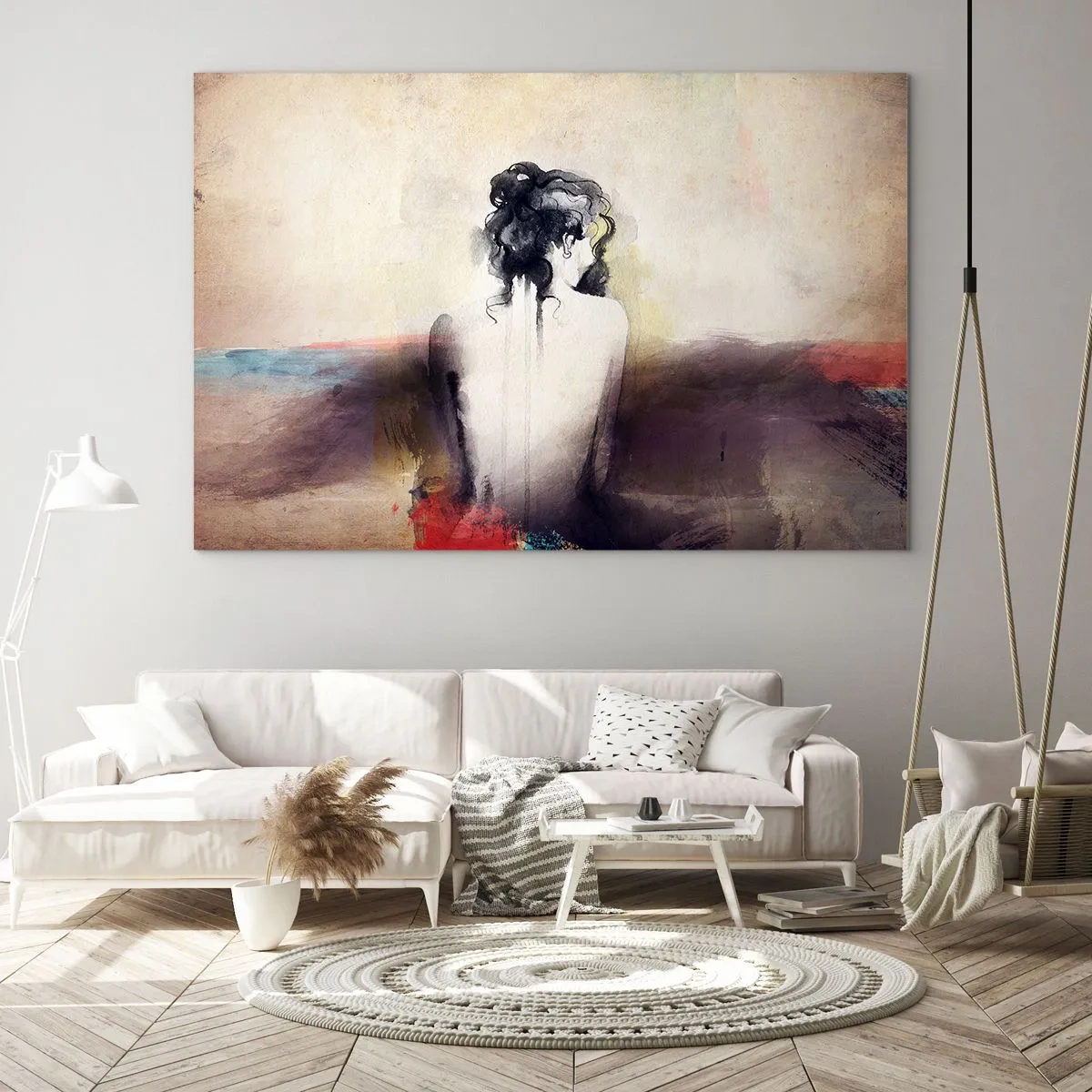 Glasbild - Bild auf glas - Ein subtiles Porträt einer Frau vor einem pastellfarbenen Landschaftshintergrund. - 70x50cm - Glatte Linien, ovale Formen - Moderne Wanddekoration für Wohnzimmer und Schlafzimmer ARTTOR