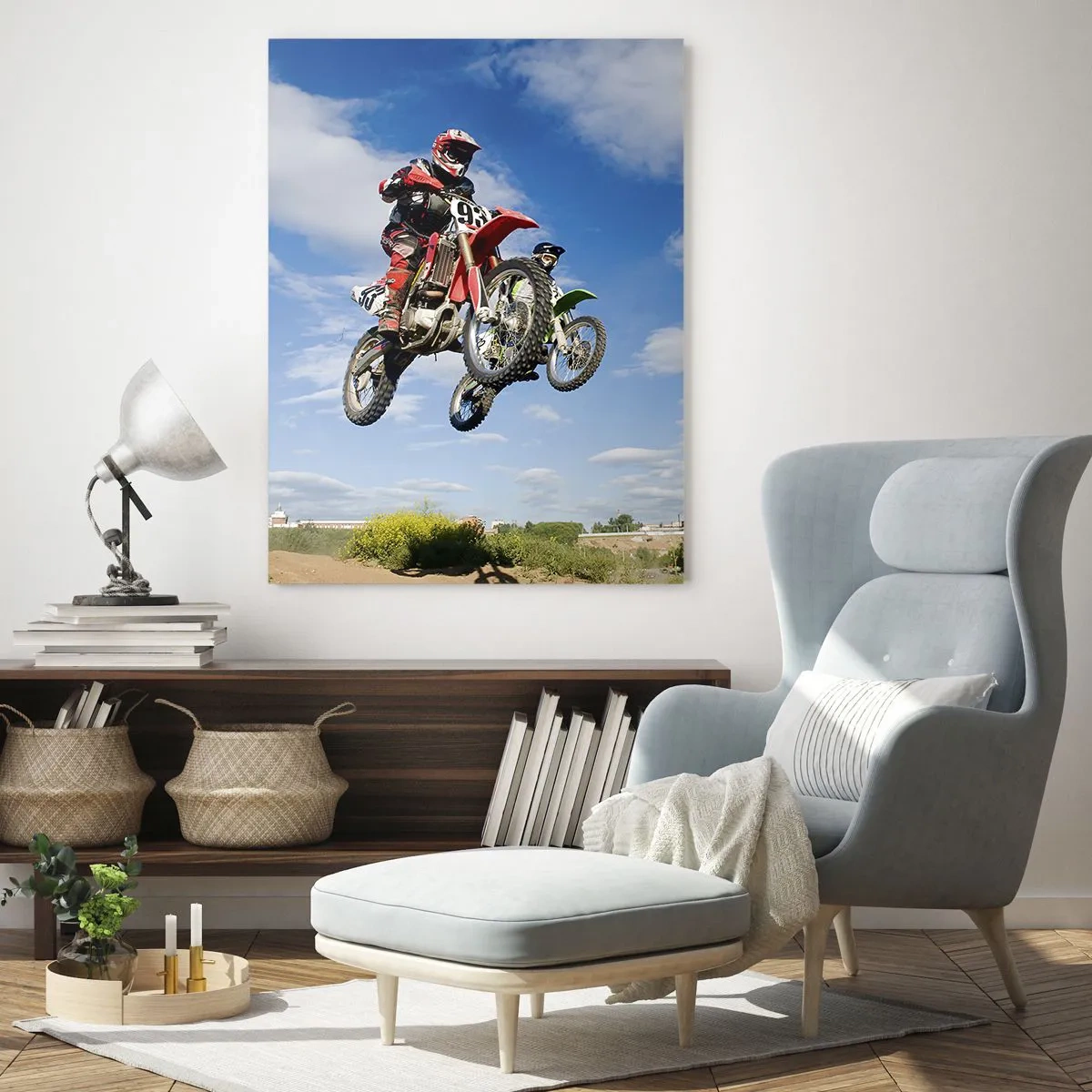 Glasbild - Bild auf glas - Fahrer auf Motocross-Motorrädern in der Luft während eines Sprunges - 70x100cm - Himmelssprung - Moderne Wanddekoration für Wohnzimmer und Schlafzimmer ARTTOR