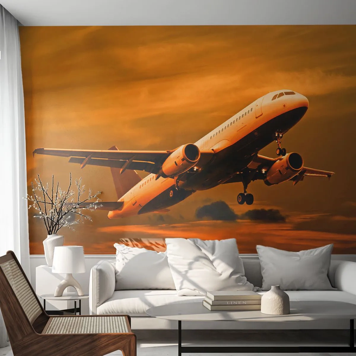 Fototapete Premium Canvas - Flug der Sonne entgegen - Flugzeug, Reise, Sonnenuntergang - 500x350 cm