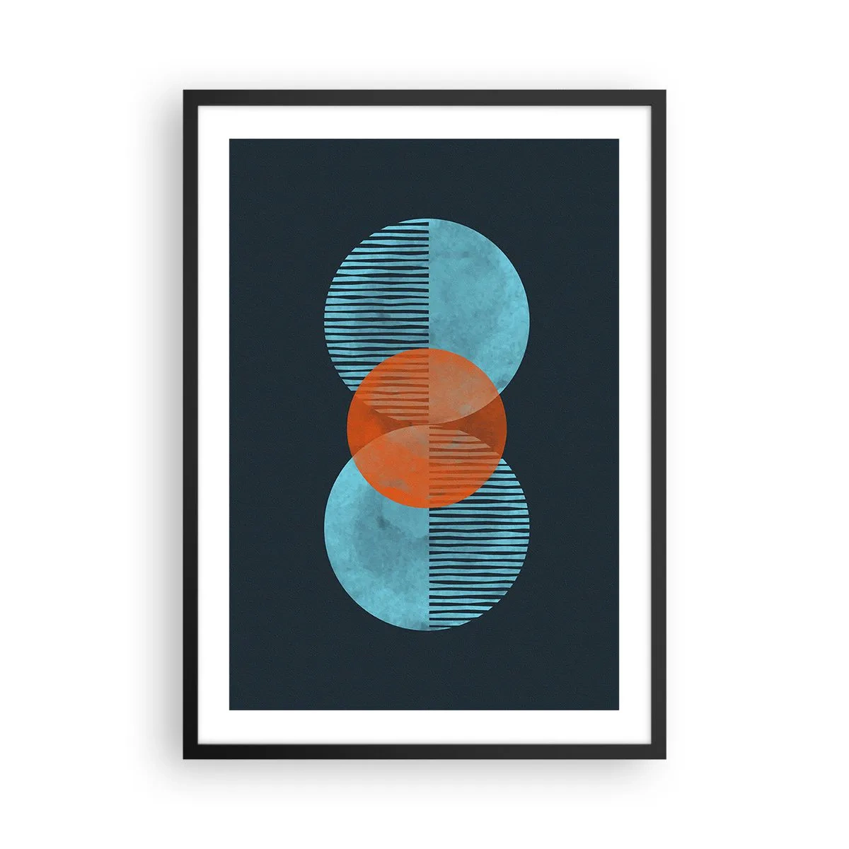 Poster in einem schwarzem Rahmen - Symmetrische Kreise in Blau- und Orangetönen mit Linien - 50x70cm - Symmetrische Komposition - Moderne Wanddekoration für Wohnzimmer und Schlafzimmer ARTTOR