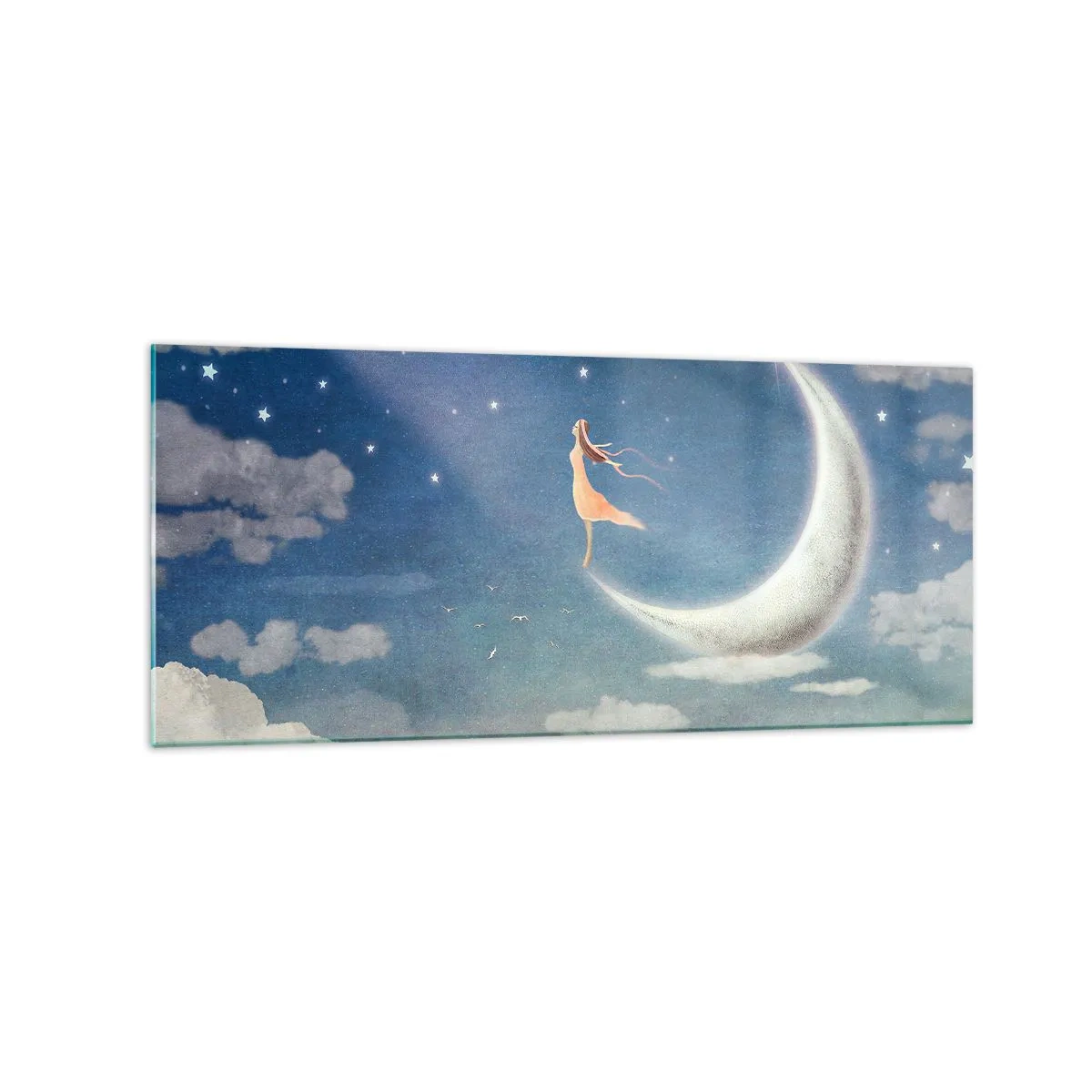 Glasbild - Bild auf glas - Eine Frau im Mond, umgeben von Sternen und Wolken - 120x50cm - Blauer Freier - Moderne Wanddekoration für Wohnzimmer und Schlafzimmer ARTTOR