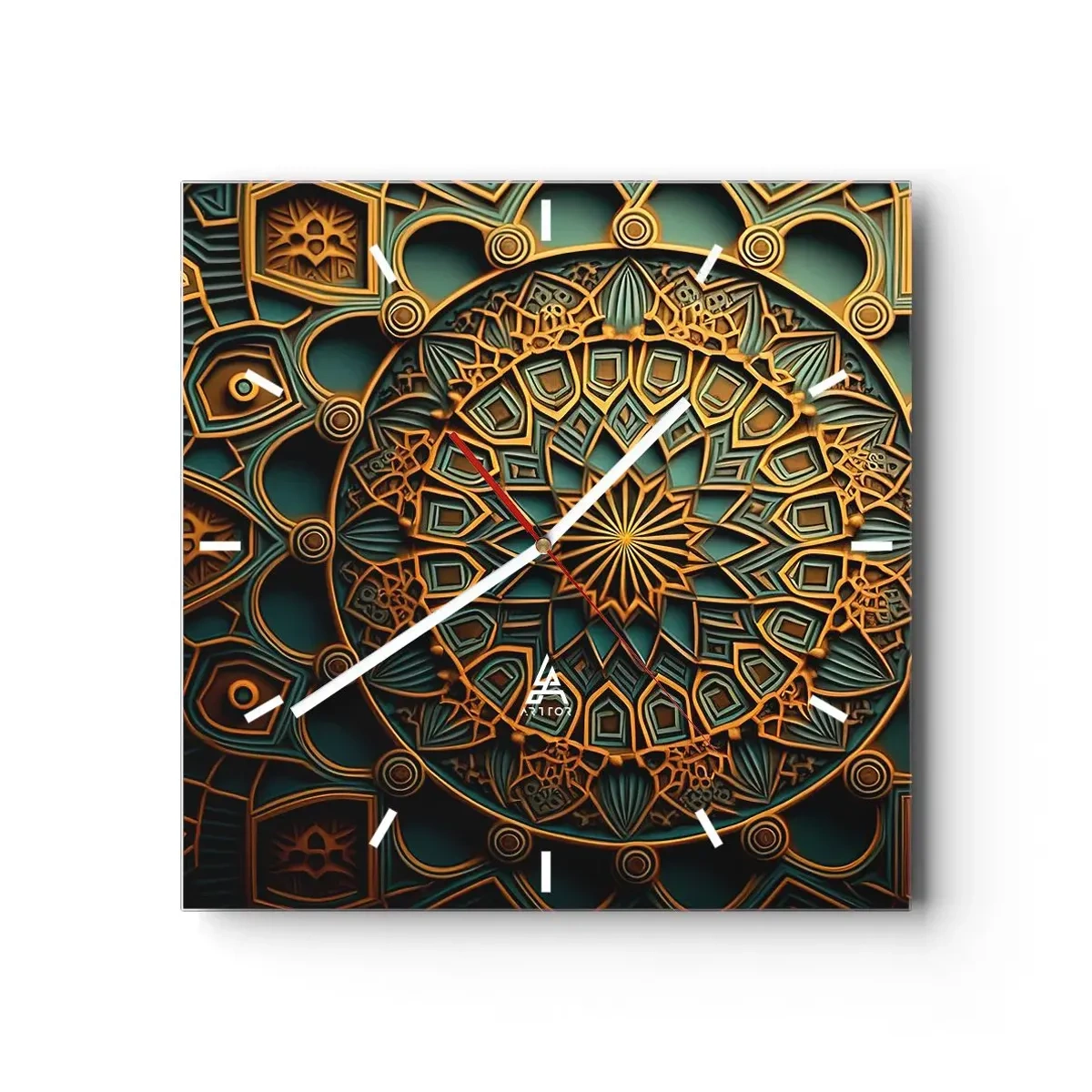 Wanduhr - Glasuhr - Ein goldenes Mandala auf türkisfarbenem Hintergrund mit vielen Details. - 30x30cm - In arabischer Atmosphäre - Moderne Wanddekoration für Wohnzimmer und Schlafzimmer ARTTOR