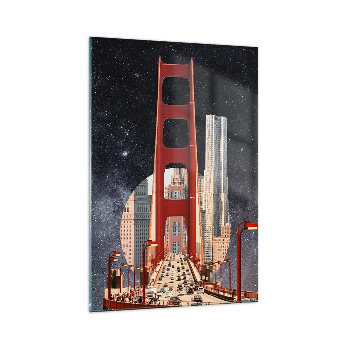 Glasbild - Bild auf glas - Die Golden Gate Bridge mit der Stadt im Hintergrund vor einem Sternenhimmel - 70x100cm - Immer im Mittelpunkt - Moderne Wanddekoration für Wohnzimmer und Schlafzimmer ARTTOR