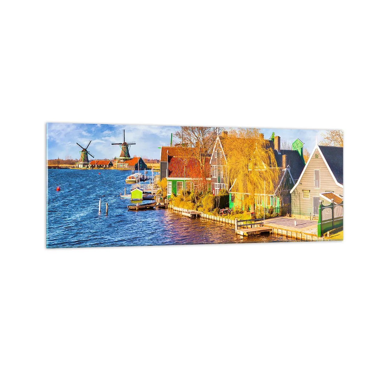 Glasbild - Bild auf glas - Malerische Häuser und Windmühlen am Wasser - 140x50cm - Seit Jahrhunderten keine Veränderung - Moderne Wanddekoration für Wohnzimmer und Schlafzimmer ARTTOR