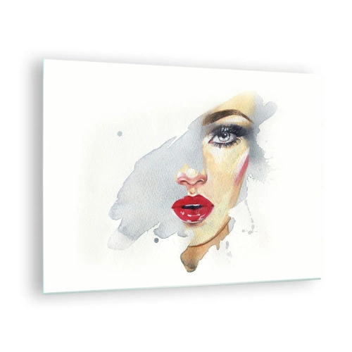 Glasbild - Bild auf glas - Aquarellporträt einer Frau mit roten Lippen - 70x50cm - Abspiegeln in einem Wassertropfen - Moderne Wanddekoration für Wohnzimmer und Schlafzimmer ARTTOR