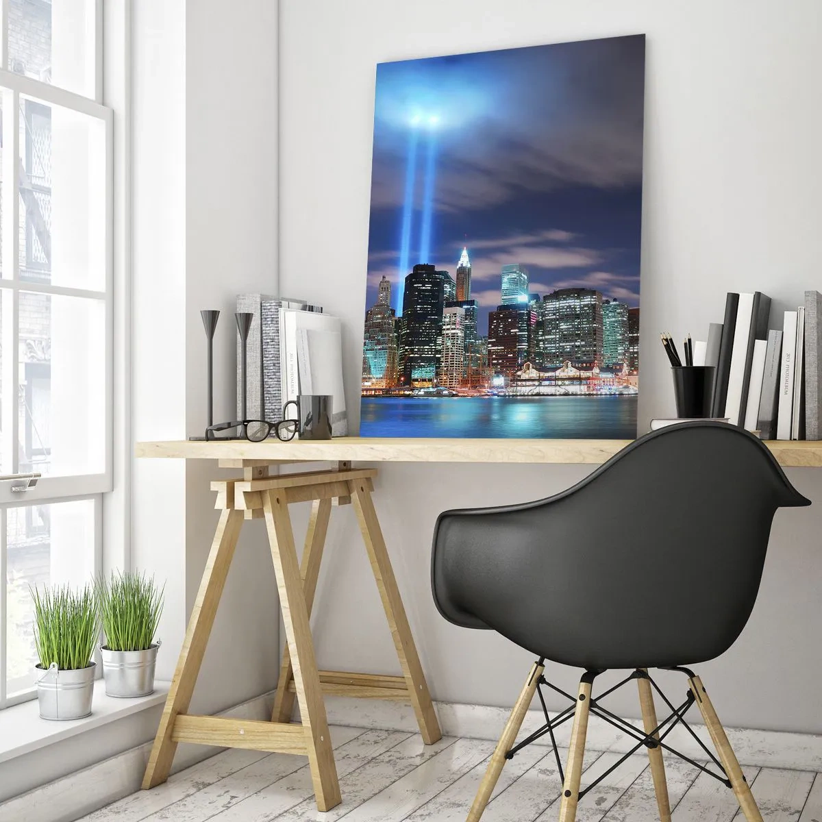 Glasbild - Bild auf glas - Abendpanorama der Stadt mit Scheinwerfern - 50x70cm - Erreiche den Himmel mit dem Licht - Moderne Wanddekoration für Wohnzimmer und Schlafzimmer ARTTOR