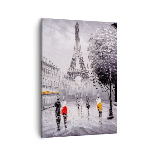 Bild auf Leinwand - Leinwandbild - Ein Blick auf den Eiffelturm in einer monochromen Umgebung mit Farbakzenten - 50x70cm - Pariser Spaziergang - Moderne Wanddekoration für Wohnzimmer und Schlafzimmer ARTTOR