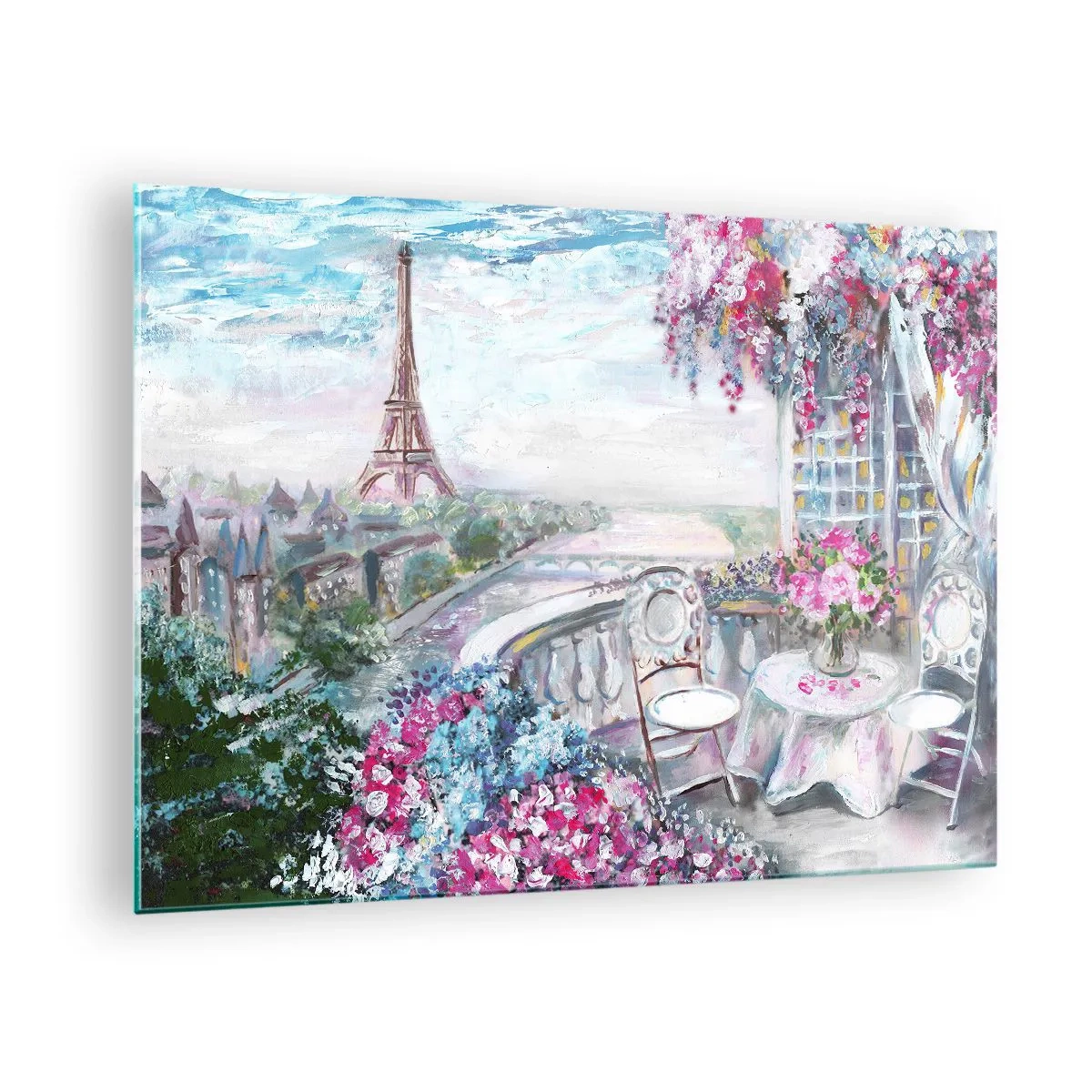 Glasbild - Bild auf glas - Illustration einer Ansicht des Eiffelturms mit einem Balkon voller Blumen - 70x50cm - Am schönsten ist es hier im Mai - Moderne Wanddekoration für Wohnzimmer und Schlafzimmer ARTTOR
