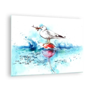 Glasbild - Bild auf glas - Eine Möwe auf einer Boje mit einem Fisch im Hintergrund der Meereswellen - 70x50cm - Erfolgreicher Fang - Moderne Wanddekoration für Wohnzimmer und Schlafzimmer ARTTOR