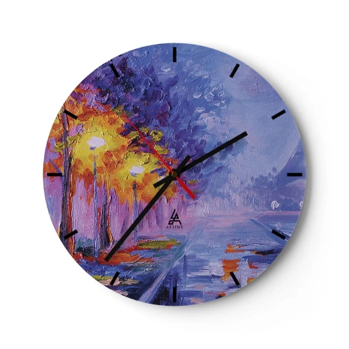 Wanduhr - Glasuhr - Impressionistische Landschaft mit Lampen und bunten Bäumen - 30x30cm - Ein Traumspaziergang - Moderne Wanddekoration für Wohnzimmer, Küche und Schlafzimmer ARTTOR