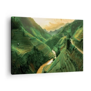 Bild auf Leinwand - Leinwandbild - Malerische Reisterrassen in einem grünen Tal, beleuchtet von der untergehenden Sonne - 70x50cm - Vietnamesisches Tal - Moderne Wanddekoration für Wohnzimmer und Schlafzimmer ARTTOR