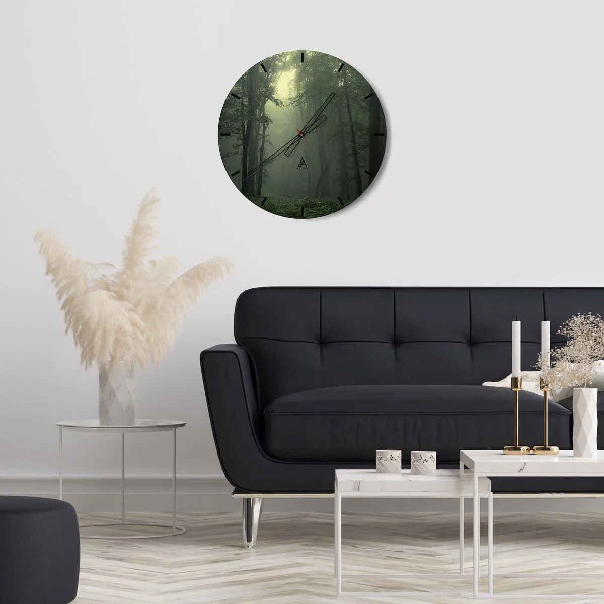 Wanduhr - Glasuhr - Grüner Wald im Nebel mit schwarzen Uhrzeigern - 30x30cm - Bevor er aufwacht - Moderne Wanddekoration für Wohnzimmer, Küche und Schlafzimmer ARTTOR