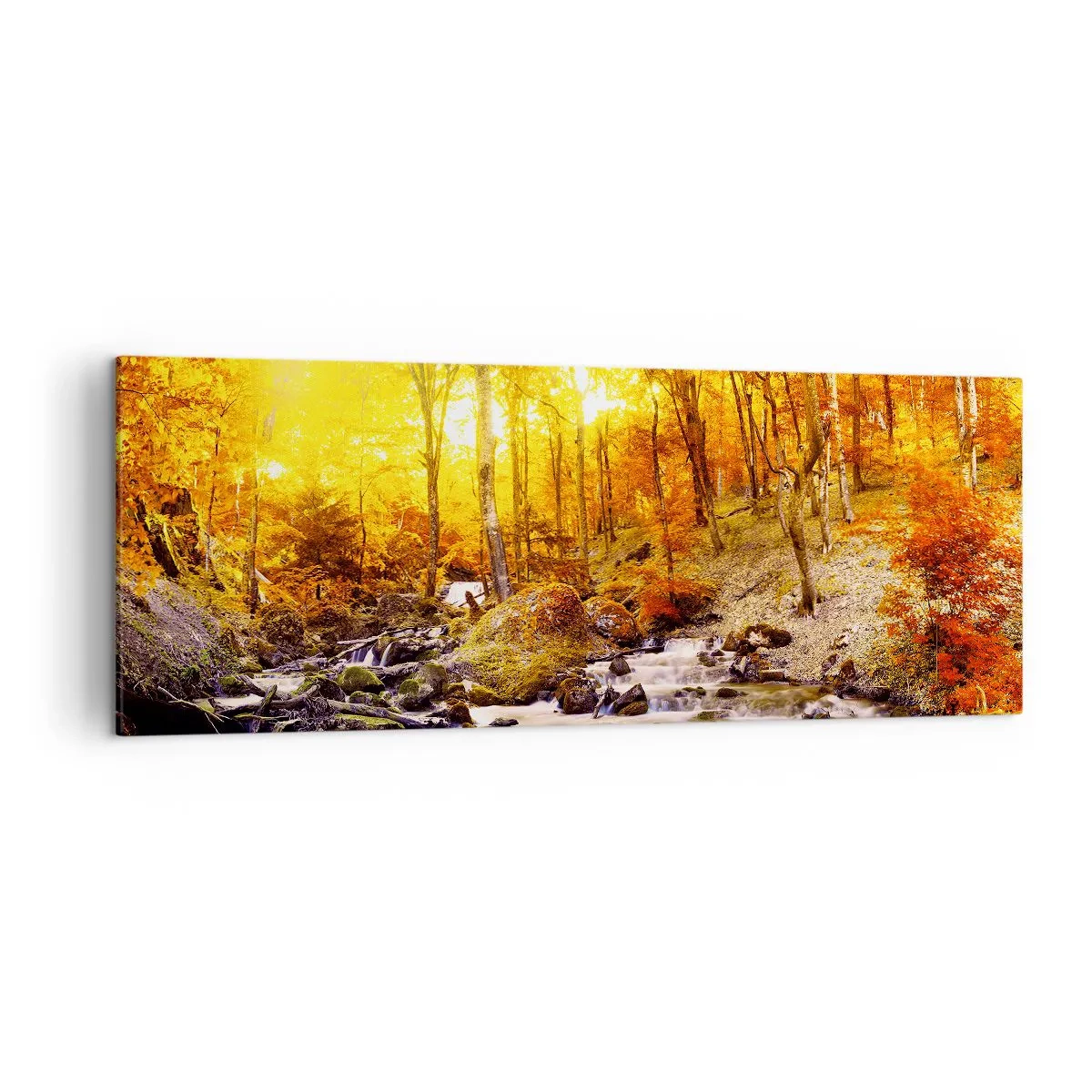 Bild auf Leinwand - Leinwandbild - Herbstwald mit einem Bach zwischen goldenen Blättern - 140x50cm - In Gold und Platin gefasste Steine - Moderne Wanddekoration für Wohnzimmer und Schlafzimmer ARTTOR