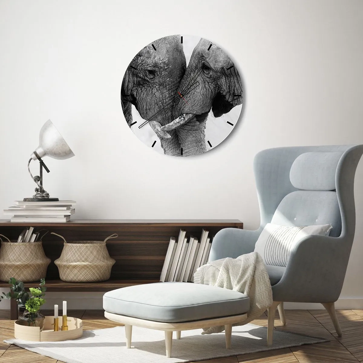 Wanduhr - Glasuhr - Zwei Elefanten mit ineinander verschlungenen Rüsseln in einer zärtlichen Geste - 30x30cm - Herzliches Geständnis - Moderne Wanddekoration für Wohnzimmer, Küche und Schlafzimmer ARTTOR