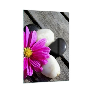 Glasbild - Bild auf glas - Rosa Blume mit Steinen auf einem hölzernen Hintergrund - 50x70cm - Ruhe auf dem Pier - Moderne Wanddekoration für Wohnzimmer und Schlafzimmer ARTTOR