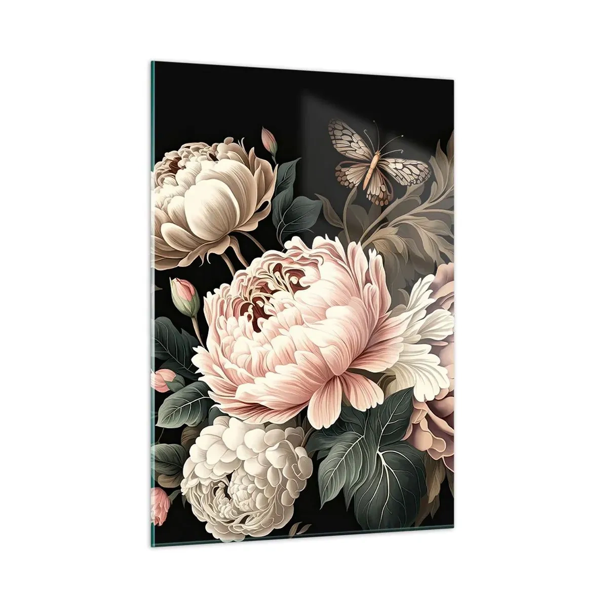 Glasbild - Bild auf glas - Blumenkomposition mit Schmetterlingen auf schwarzem Hintergrund - 50x70cm - Im Barockstil - Moderne Wanddekoration für Wohnzimmer und Schlafzimmer ARTTOR