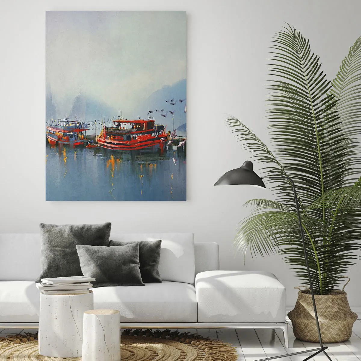 Glasbild - Bild auf glas - Ein Hafen mit roten Booten, umgeben von einer nebligen Landschaft - 70x100cm - Am Ende der Welt - Moderne Wanddekoration für Wohnzimmer und Schlafzimmer ARTTOR