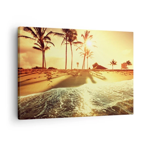 Bild auf Leinwand - Leinwandbild - Ein Strand mit Palmen, beleuchtet von einem warmen Sonnenuntergang - 70x50cm - Kalifornien am Nachmittag - Moderne Wanddekoration für Wohnzimmer und Schlafzimmer ARTTOR
