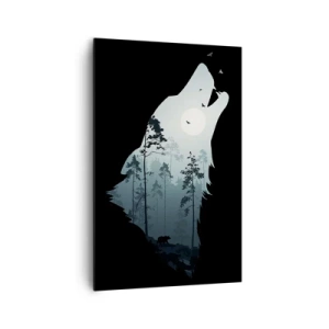 Bild auf Leinwand - Leinwandbild - Silhouette eines Wolfes mit Wald und Mond im Hintergrund - 80x120cm - Die Stimme der Waldnacht - Moderne Wanddekoration für Wohnzimmer und Schlafzimmer ARTTOR