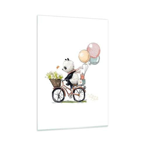 Glasbild - Bild auf glas - Panda auf einem Fahrrad mit Luftballons und Blumen - 80x120cm - Glücklicher Tag - Moderne Wanddekoration für Wohnzimmer und Schlafzimmer ARTTOR