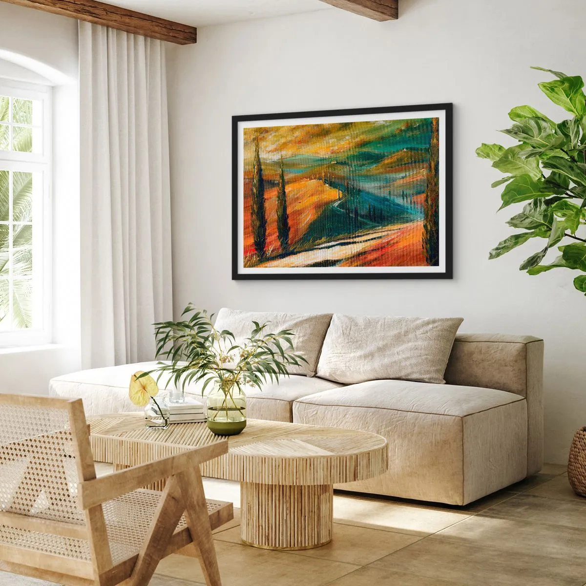 Poster in einem schwarzem Rahmen - Toskanische Landschaft mit Feldern, Straße und Zypressen - 70x50cm - Toskanische Landschaft - Moderne Wanddekoration für Wohnzimmer und Schlafzimmer ARTTOR