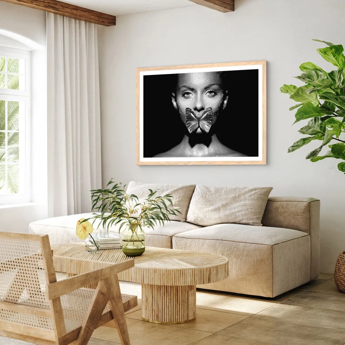 Poster in einem Rahmen aus heller Eiche - Schmetterlingskuss - 40x30 cm