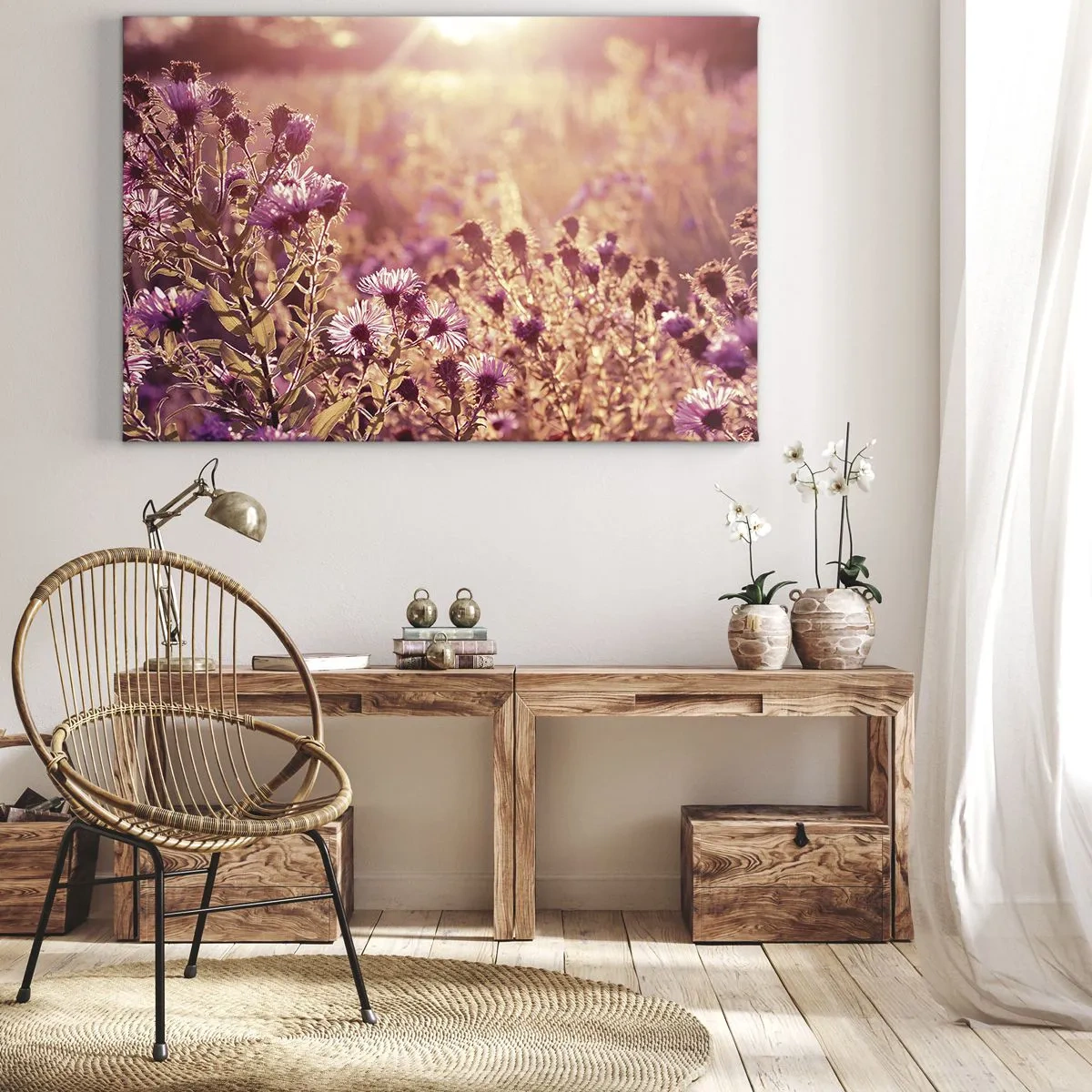 Bild auf Leinwand - Leinwandbild - Wiese im Licht der untergehenden Sonne - 70x50cm - Bevor der Sommer vorbei ist - Moderne Wanddekoration für Wohnzimmer und Schlafzimmer ARTTOR