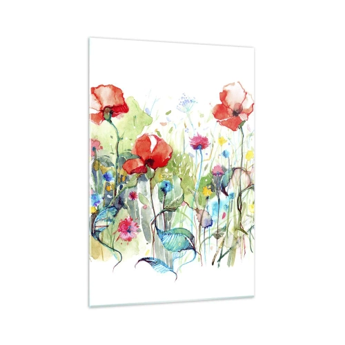 Glasbild - Bild auf glas - Eine Wiese mit roten Mohnblumen und bunten Blumen in Aquarell - 70x100cm - Blühende Maiwiese - Moderne Wanddekoration für Wohnzimmer und Schlafzimmer ARTTOR