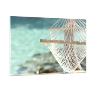Glasbild - Bild auf glas - Eine Hängematte mit Blick auf das kristallklare türkisfarbene Wasser - 120x80cm - Zeit zum Entspannen - Moderne Wanddekoration für Wohnzimmer und Schlafzimmer ARTTOR