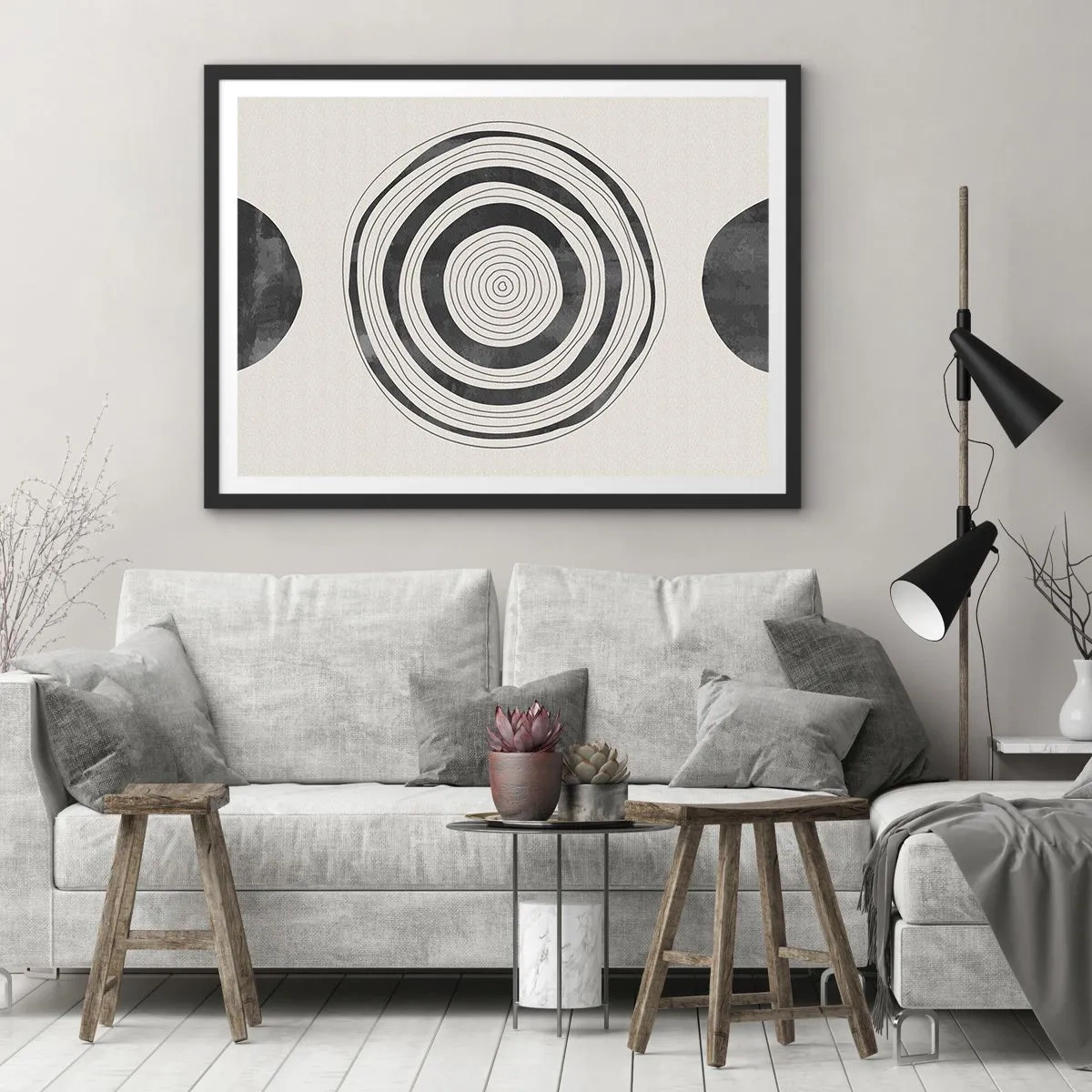 Poster in einem schwarzem Rahmen - Minimalistische schwarz-weiße Kreise auf hellem Hintergrund - 70x50cm - Wichtig ist, was dazwischen liegt - Moderne Wanddekoration für Wohnzimmer und Schlafzimmer ARTTOR