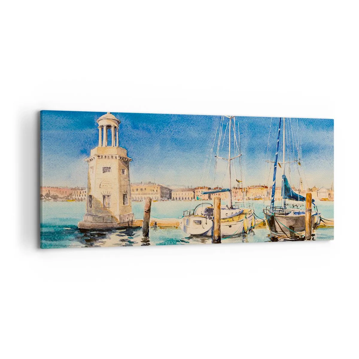Bild auf Leinwand - Leinwandbild - Yachthafen mit Booten vor der Kulisse einer blauen Lagune - 120x50cm - Sonnige Lagune - Moderne Wanddekoration für Wohnzimmer und Schlafzimmer ARTTOR