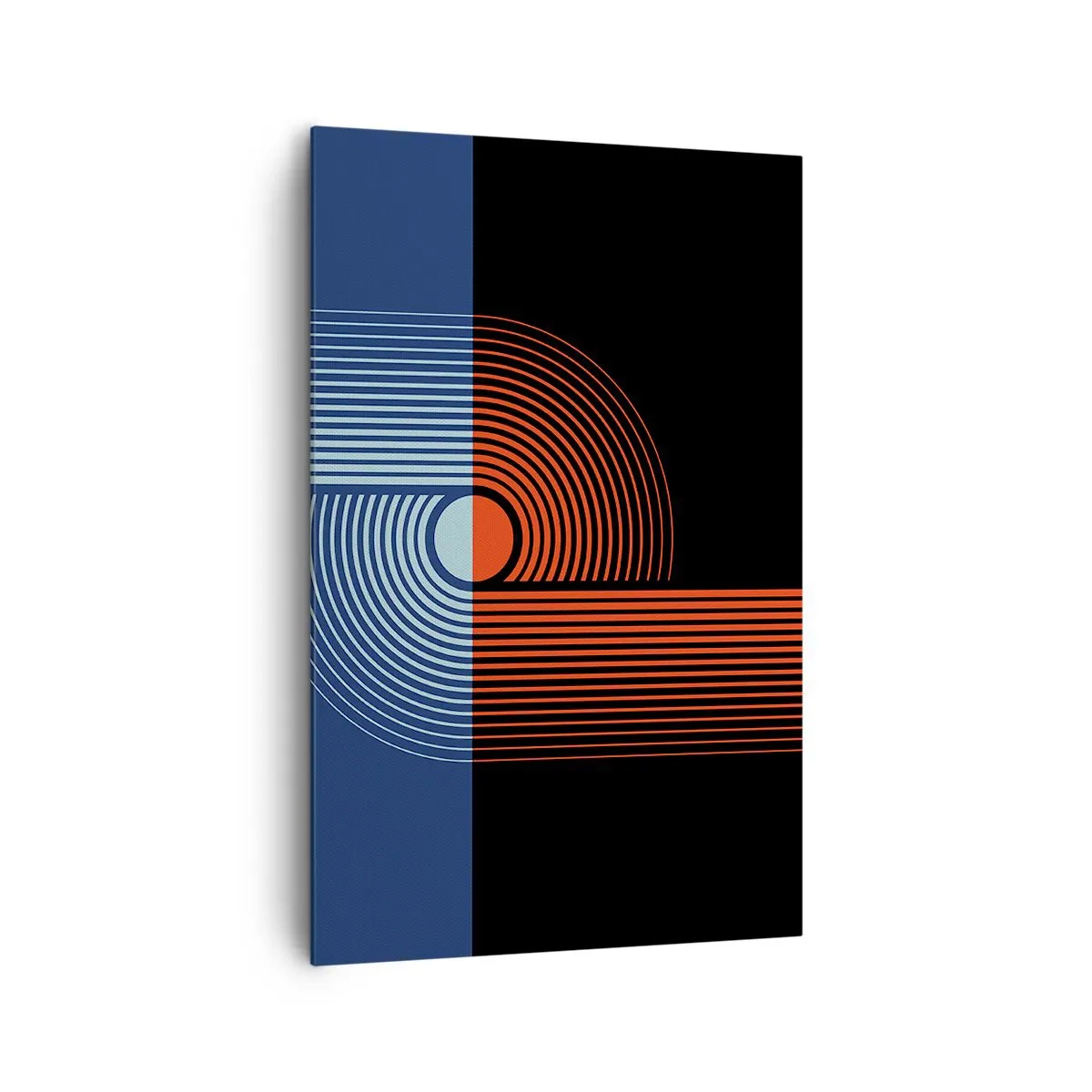 Bild auf Leinwand - Leinwandbild - Geometrische Abstraktion mit Linien in Marineblau und Orange. - 80x120cm - In einer geometrischen Umarmung - Moderne Wanddekoration für Wohnzimmer und Schlafzimmer ARTTOR