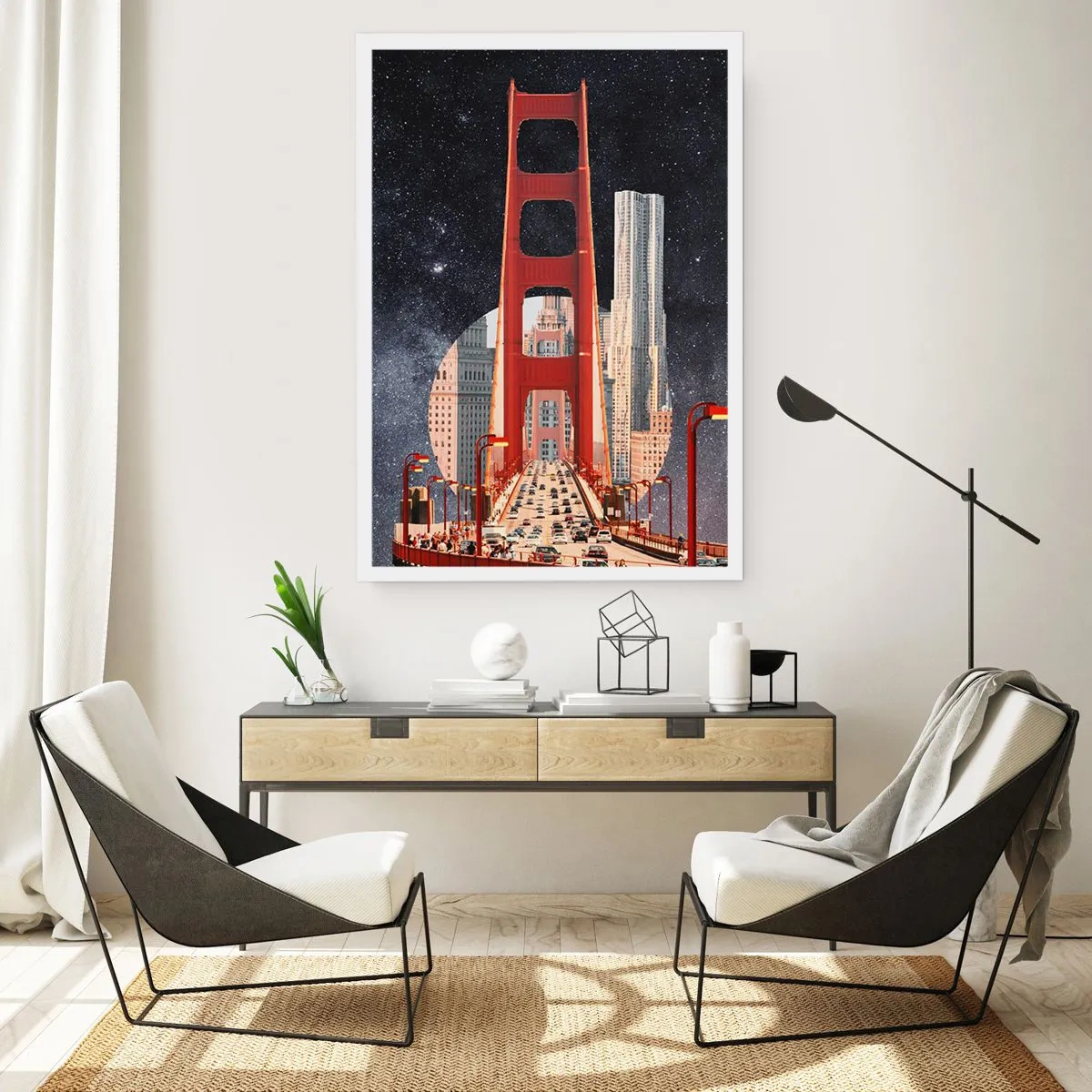 Poster - Eine Brücke und Wolkenkratzer vor dem Sternenhimmel - 50x70cm - Immer im Mittelpunkt - Moderne Wanddekoration für Wohnzimmer und Schlafzimmer ARTTOR