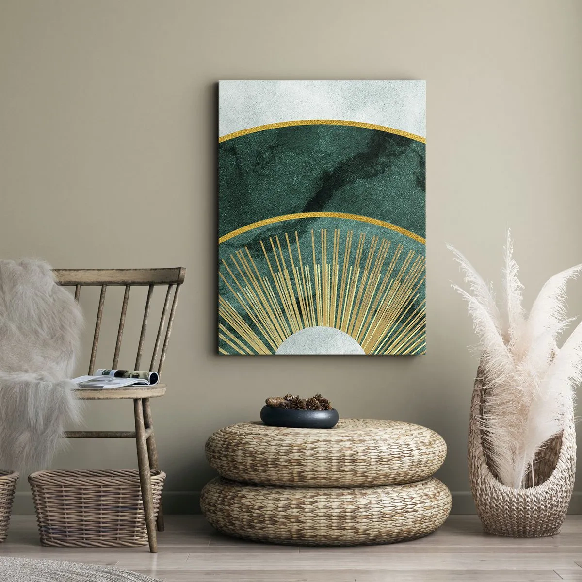 Bild auf Leinwand - Leinwandbild - Abstraktes Muster mit Kreisen in Smaragd- und Goldfarben. - 80x120cm - Anderes Sonnensystem - Moderne Wanddekoration für Wohnzimmer und Schlafzimmer ARTTOR