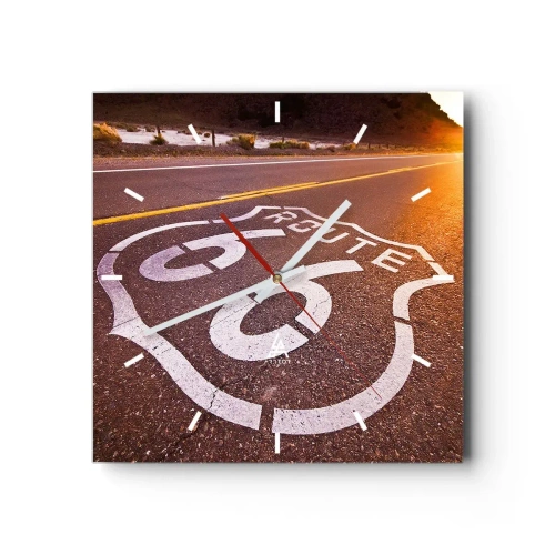Wanduhr - Glasuhr - Route 66 bei Sonnenuntergang - 30x30cm - Die berühmte Straße 66 - Moderne Wanddekoration für Wohnzimmer und Schlafzimmer ARTTOR