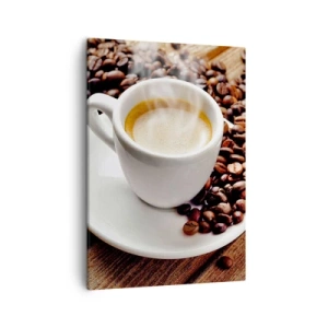 Bild auf Leinwand - Leinwandbild - Eine Tasse aromatischen Kaffee vor dem Hintergrund von Bohnen und einem Blatt - 50x70cm - Kaffee auf der Bank - Moderne Wanddekoration für Wohnzimmer und Schlafzimmer ARTTOR