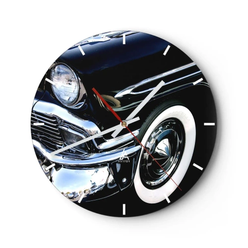 Wanduhr - Glasuhr - Ein glänzend schwarzes Retro-Auto im klassischen Stil - 30x30cm - Klassiker in Silber, Schwarz und Weiß - Moderne Wanddekoration für Wohnzimmer, Küche und Schlafzimmer ARTTOR