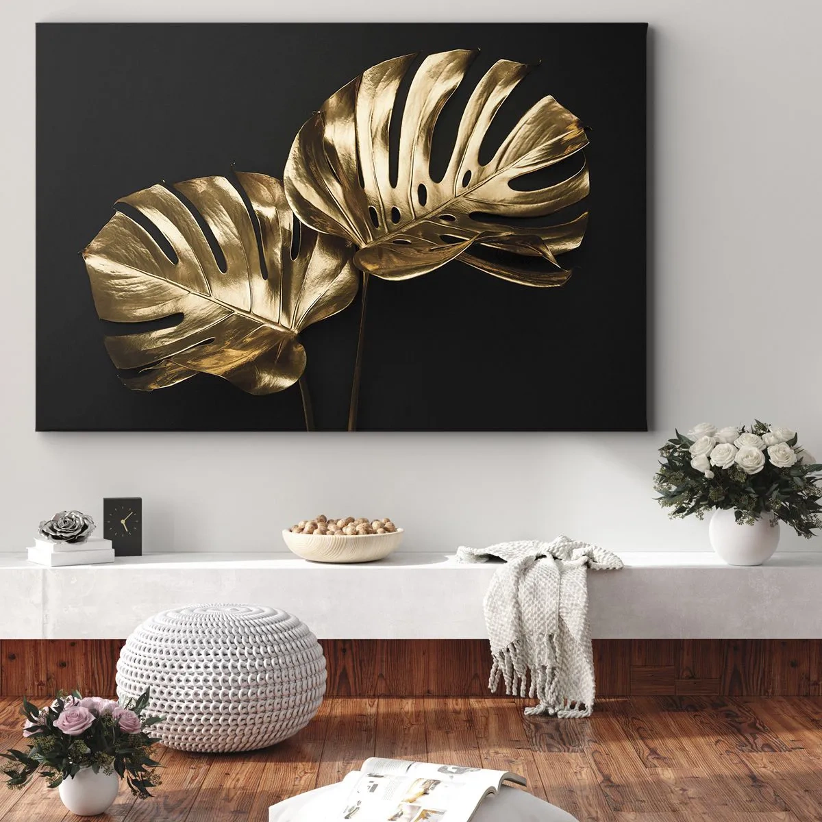 Bild auf Leinwand - Leinwandbild - Goldene Monstera-Blätter auf schwarzem Hintergrund - 100x70cm - Die Schätze der Natur - Moderne Wanddekoration für Wohnzimmer und Schlafzimmer ARTTOR