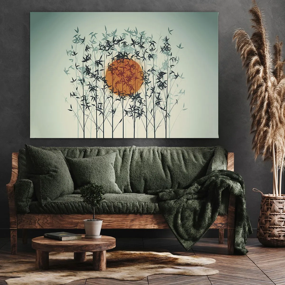 Bild auf Leinwand - Leinwandbild - Orange Sonne zwischen den Bambuszweigen - 120x80cm - Japanische Sonne - Moderne Wanddekoration für Wohnzimmer und Schlafzimmer ARTTOR