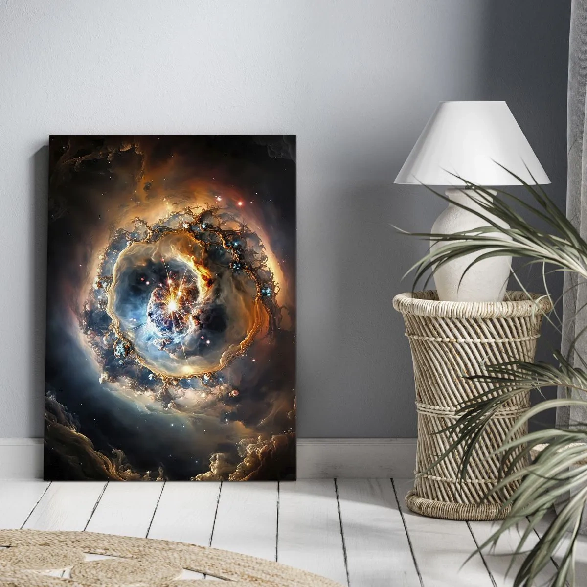 Bild auf Leinwand - Leinwandbild - Eine abstrakte Vision einer kosmischen Explosion in Gold- und Blautönen. - 50x70cm - Anfang - Moderne Wanddekoration für Wohnzimmer und Schlafzimmer ARTTOR