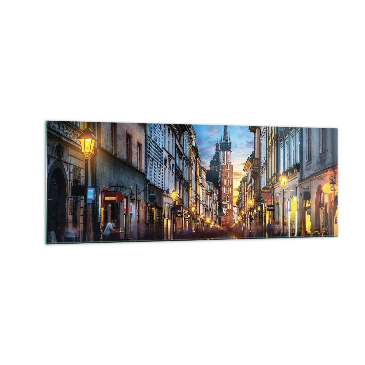 Glasbild - Bild auf glas - Abendliche Straße mit Blick auf die Krakauer Kathedrale - 140x50cm - Krakauer Charme - Moderne Wanddekoration für Wohnzimmer und Schlafzimmer ARTTOR
